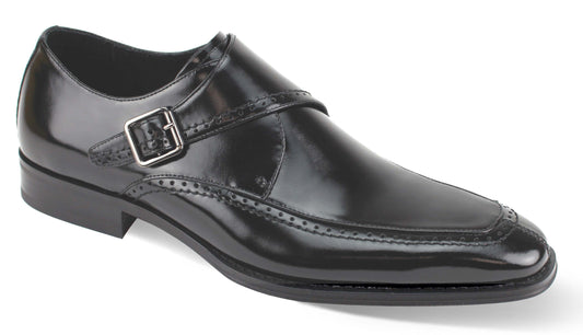 The Giovanni Amato Black Leather Shoes by GIOVANNI are polished dress shoes made from black leather, featuring a silver buckle and decorative stitching. The sleek monk strap design adds an extra touch of elegance.
