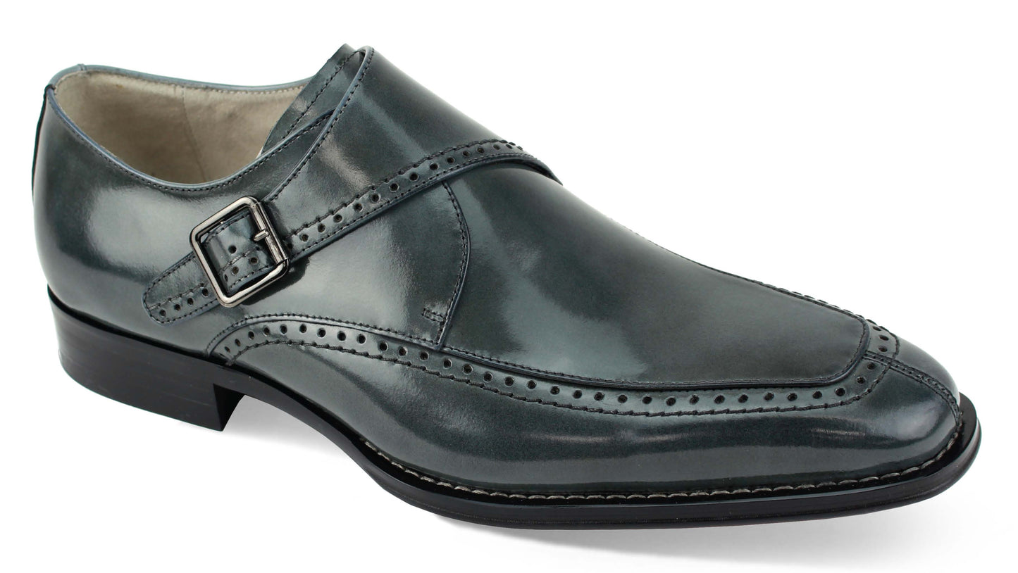 Introducing the Giovanni Amato Grey Leather Shoes by GIOVANNI, a sophisticated leather dress shoe featuring a stylish single monk strap and detailed stitching.
