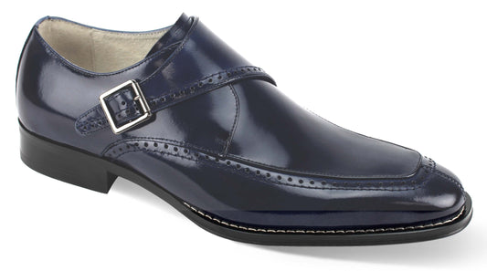 The Giovanni Amato Navy Leather Shoes by GIOVANNI feature a single monk strap and decorative stitching on a polished dark blue dress shoe.