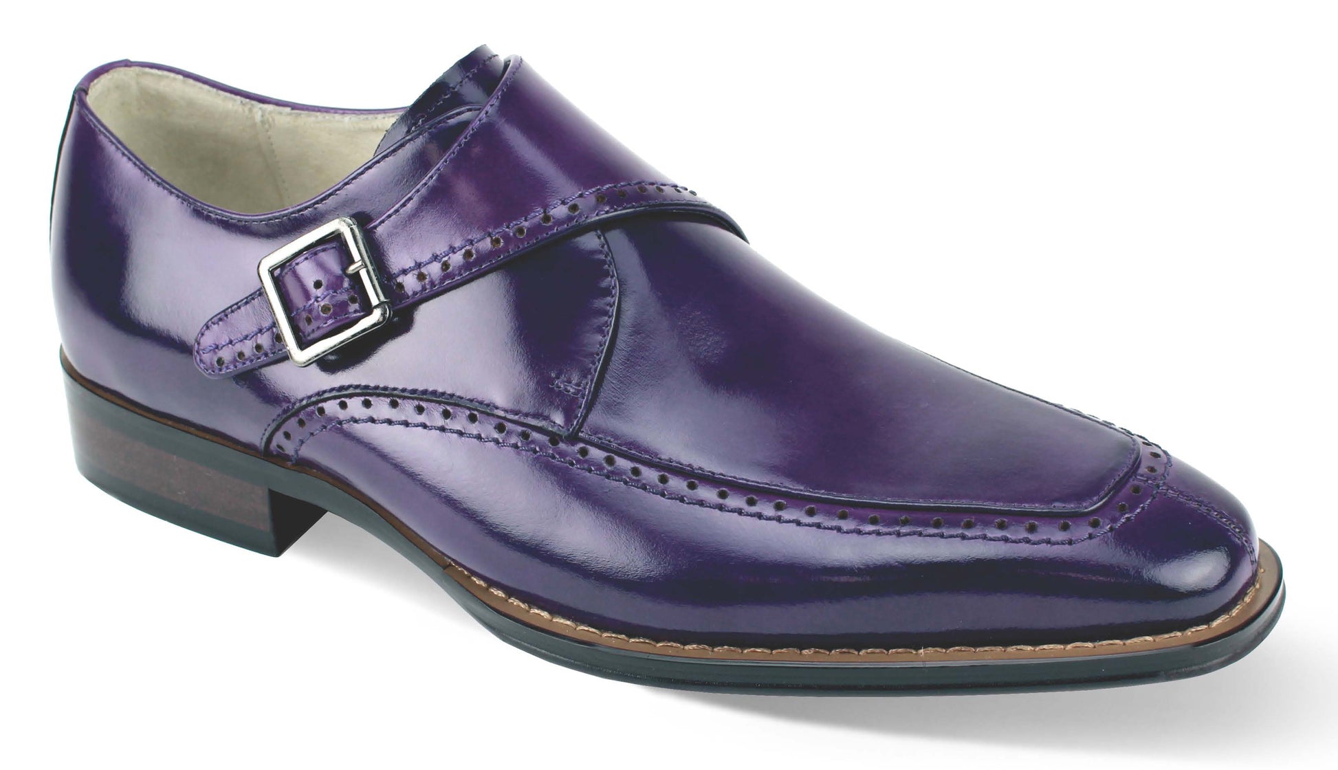 The Giovanni Amato Purple Leather Shoes by GIOVANNI are sleek dress shoes featuring a moc toe design with a monk strap, enhanced by a metal buckle and detailed stitching, and complemented by a low heel.
