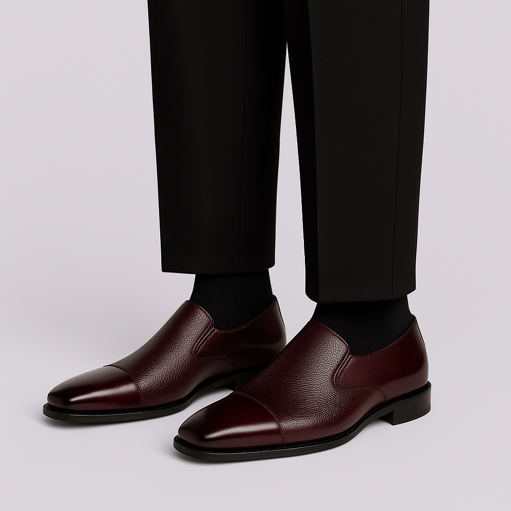 The BELVEDERE Andreo is a genuine Italian deerskin and calf burgundy dress shoe, featuring a slip-on design, low black heel, and mixed smooth-textured finishes—crafted for style and comfort.