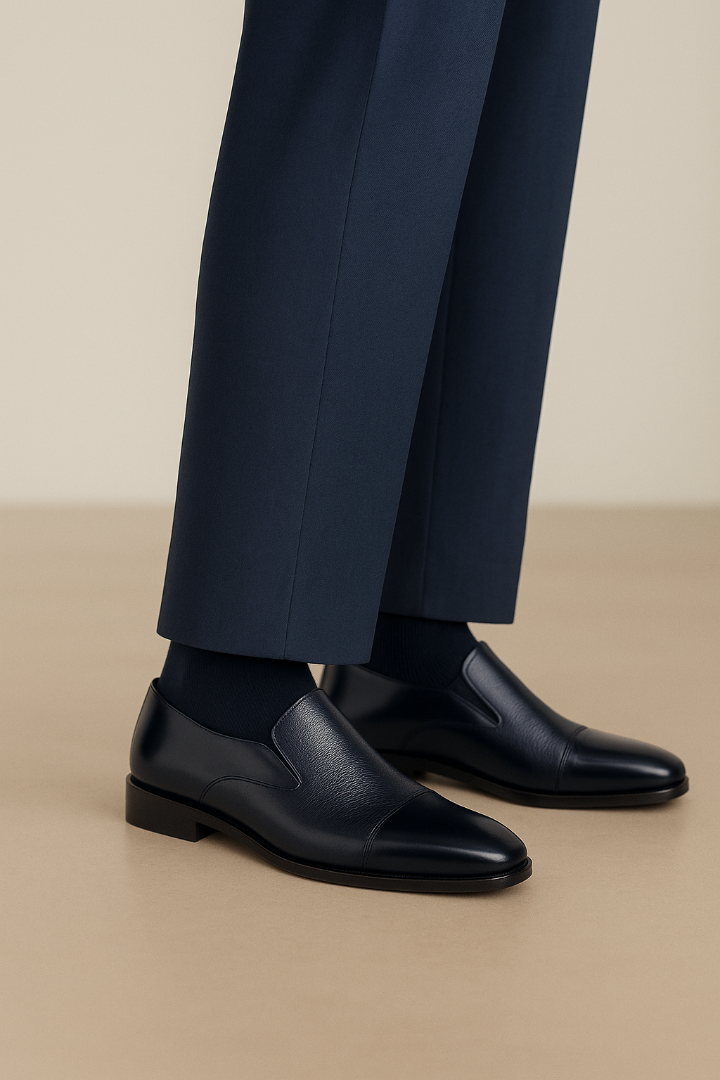 The BELVEDERE Belvedere - Andreo is a navy genuine Italian deerskin and calf slip-on dress shoe, shown in profile with smooth/textured finishes and a low heel against a white background.