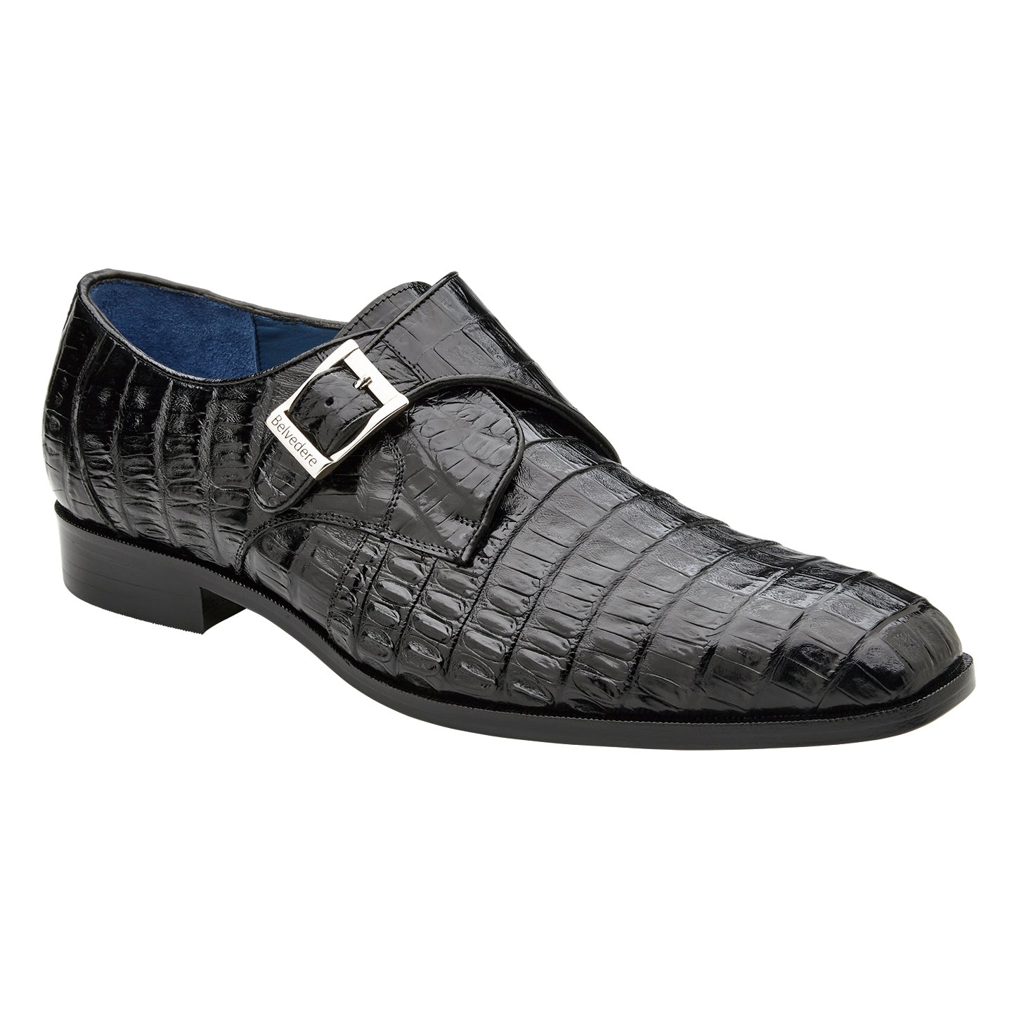 The BELVEDERE Angelo (R99) is a genuine black caiman crocodile dress shoe with a silver buckle and low heel, shown in side profile on a white background.