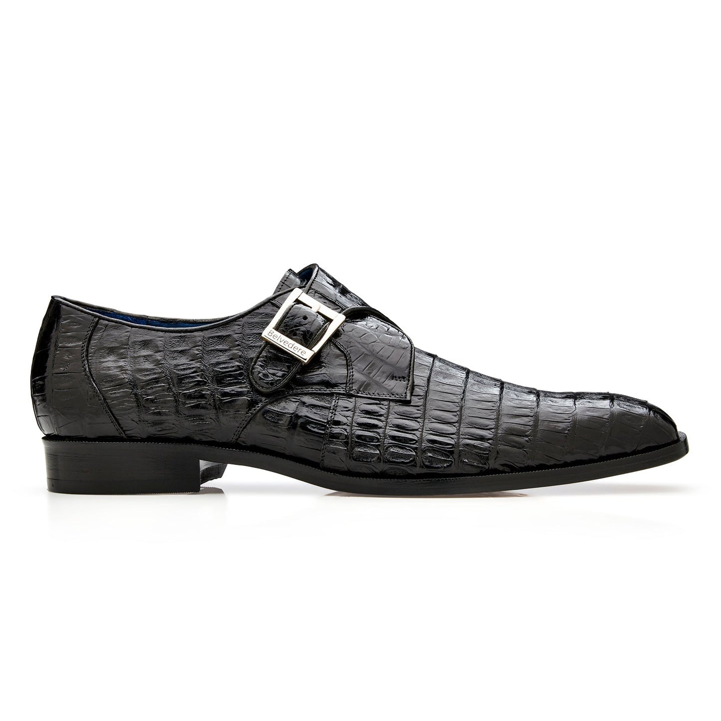The BELVEDERE Angelo (R99) is a genuine black caiman crocodile dress shoe with a silver buckle and low heel, shown in side profile on a white background.