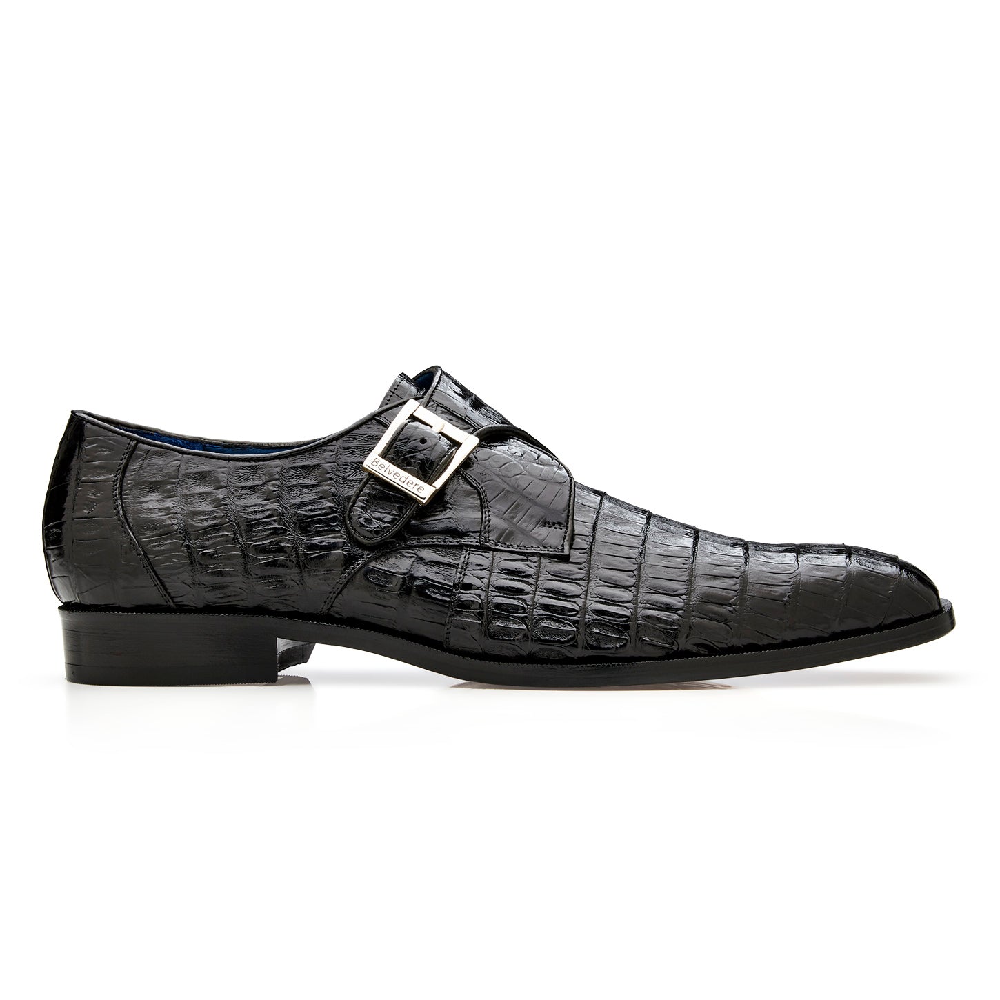 The BELVEDERE Angelo (R99) is a genuine black caiman crocodile dress shoe with a silver buckle and low heel, shown in side profile on a white background.