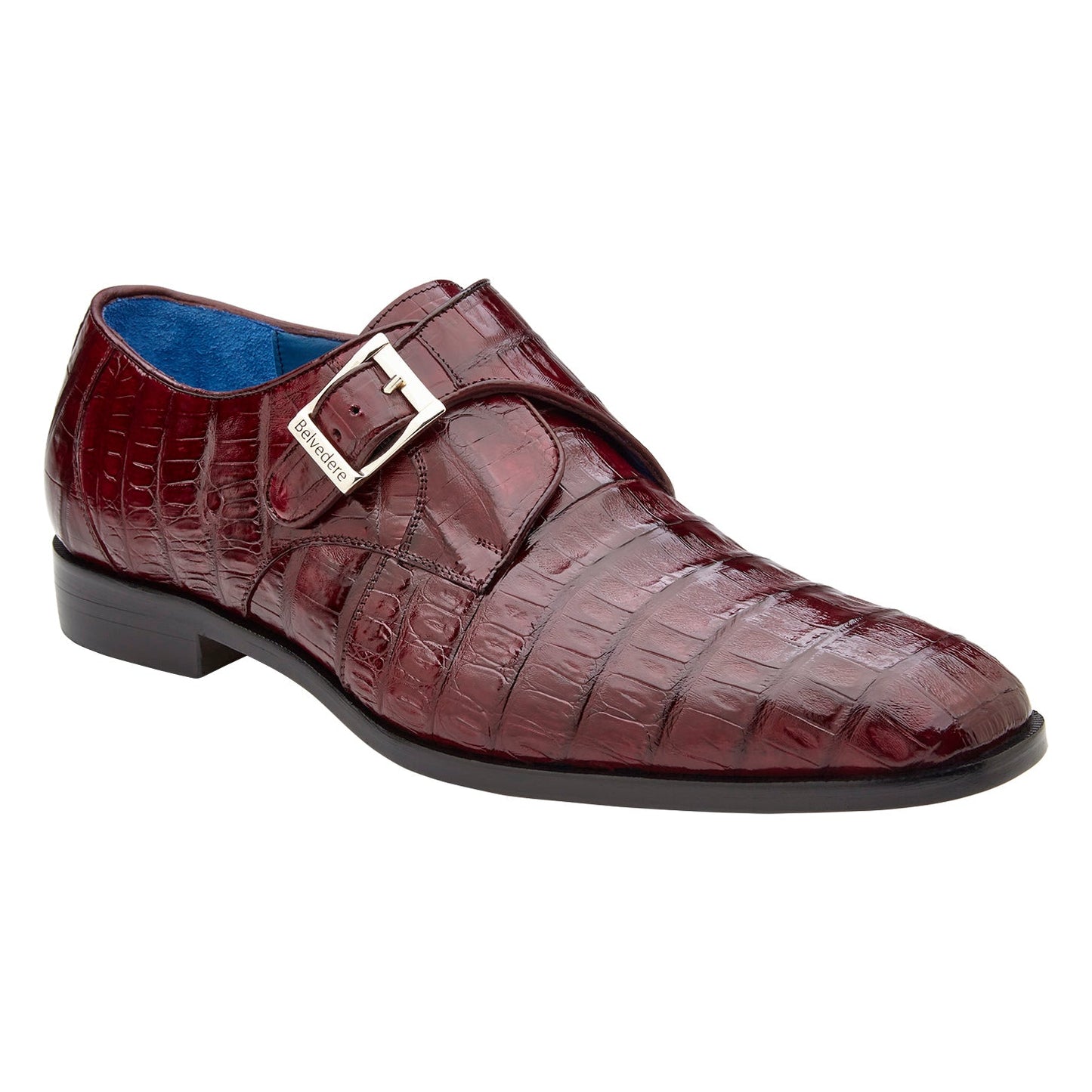 The BELVEDERE Angelo R99 is a single dark burgundy dress shoe in genuine Caiman crocodile leather with a silver buckle and leather sole, shown in side profile against a white background.