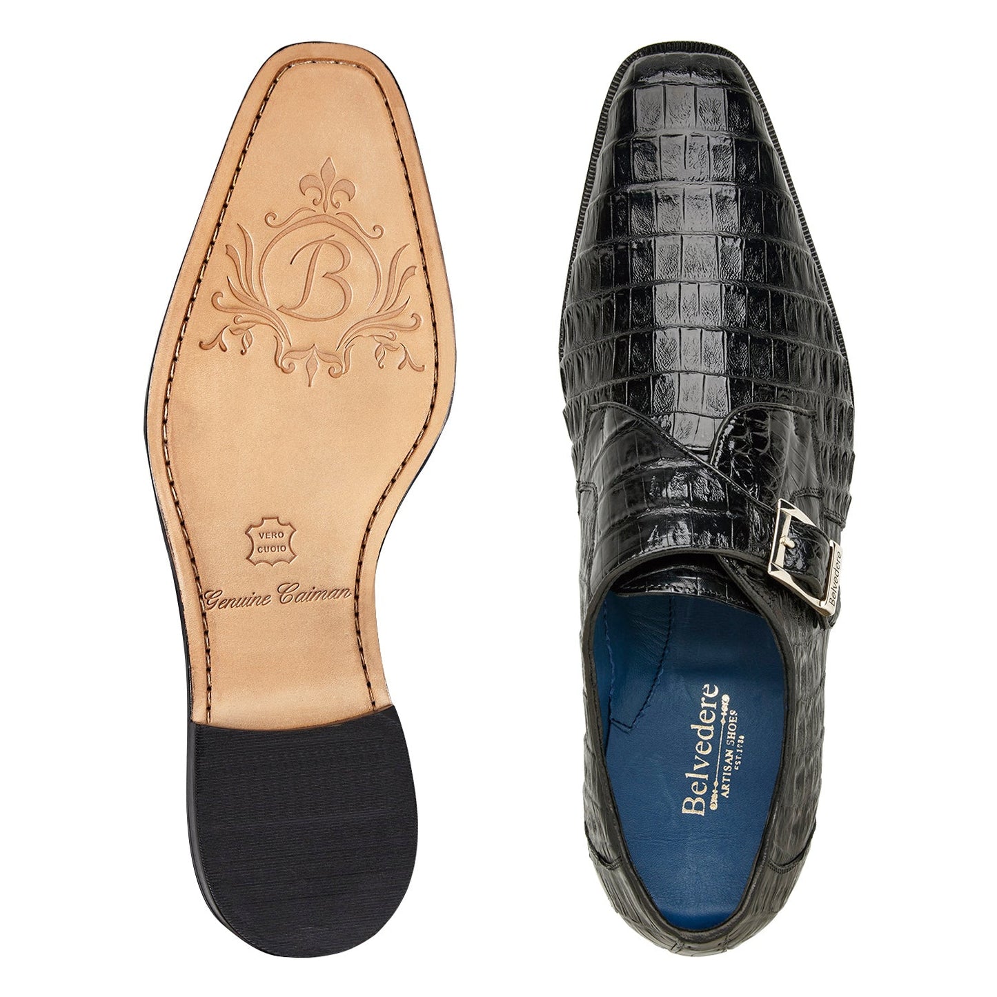 The BELVEDERE Angelo (R99) is a genuine black caiman crocodile dress shoe with a silver buckle and low heel, shown in side profile on a white background.