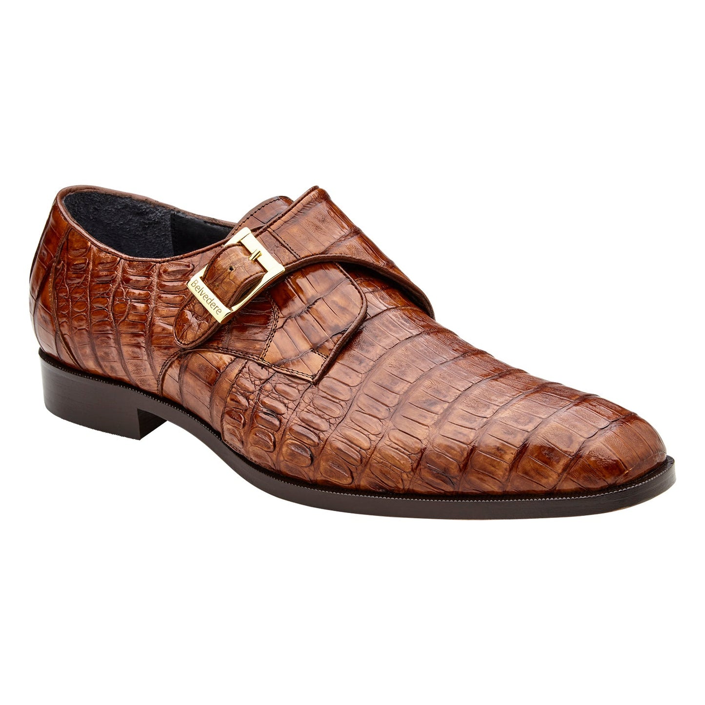 The BELVEDERE Belvedere - Angelo R99 is a genuine caiman crocodile dress shoe in walnut with a gold buckle, leather sole, and low heel. Shown left side profile against a white background.