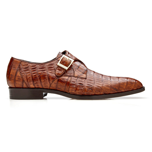 The BELVEDERE Belvedere - Angelo R99 is a genuine caiman crocodile dress shoe in walnut with a gold buckle, leather sole, and low heel. Shown left side profile against a white background.