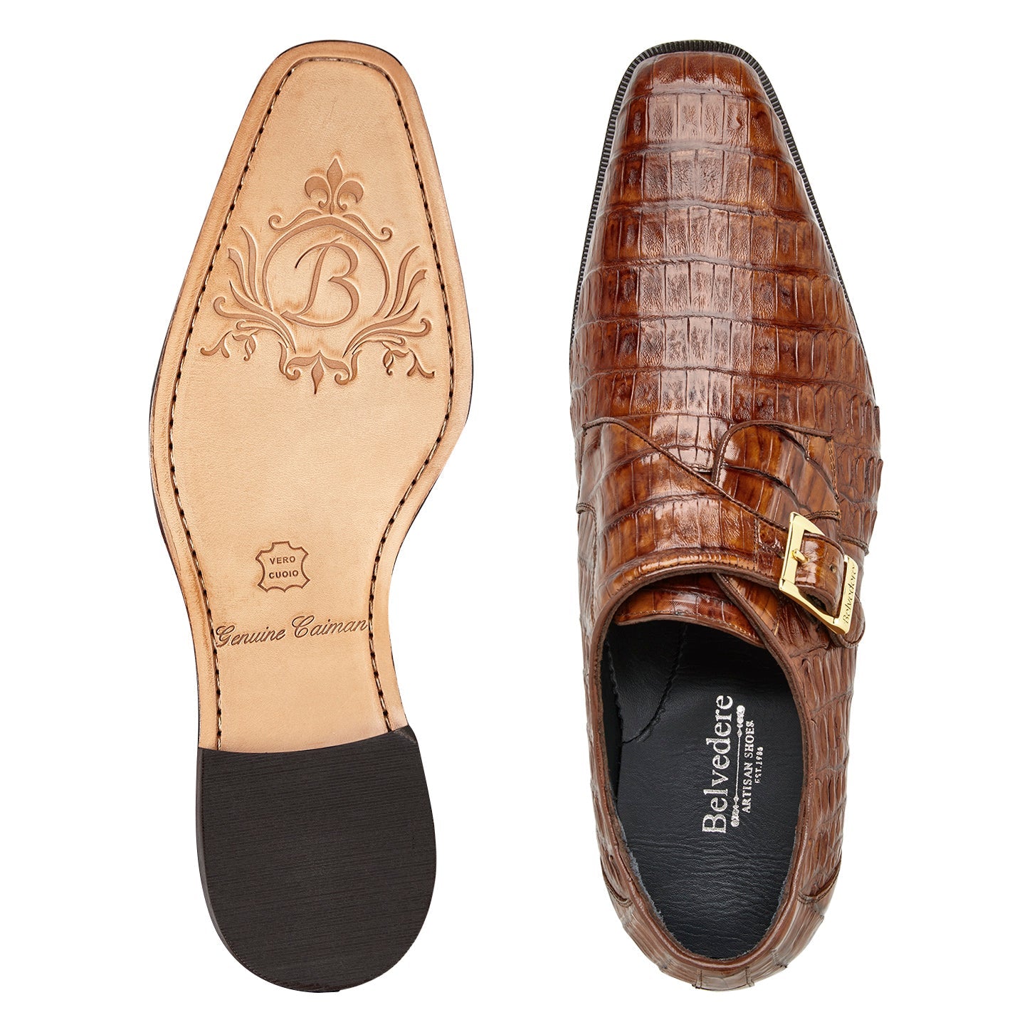 The BELVEDERE Belvedere - Angelo R99 is a genuine caiman crocodile dress shoe in walnut with a gold buckle, leather sole, and low heel. Shown left side profile against a white background.