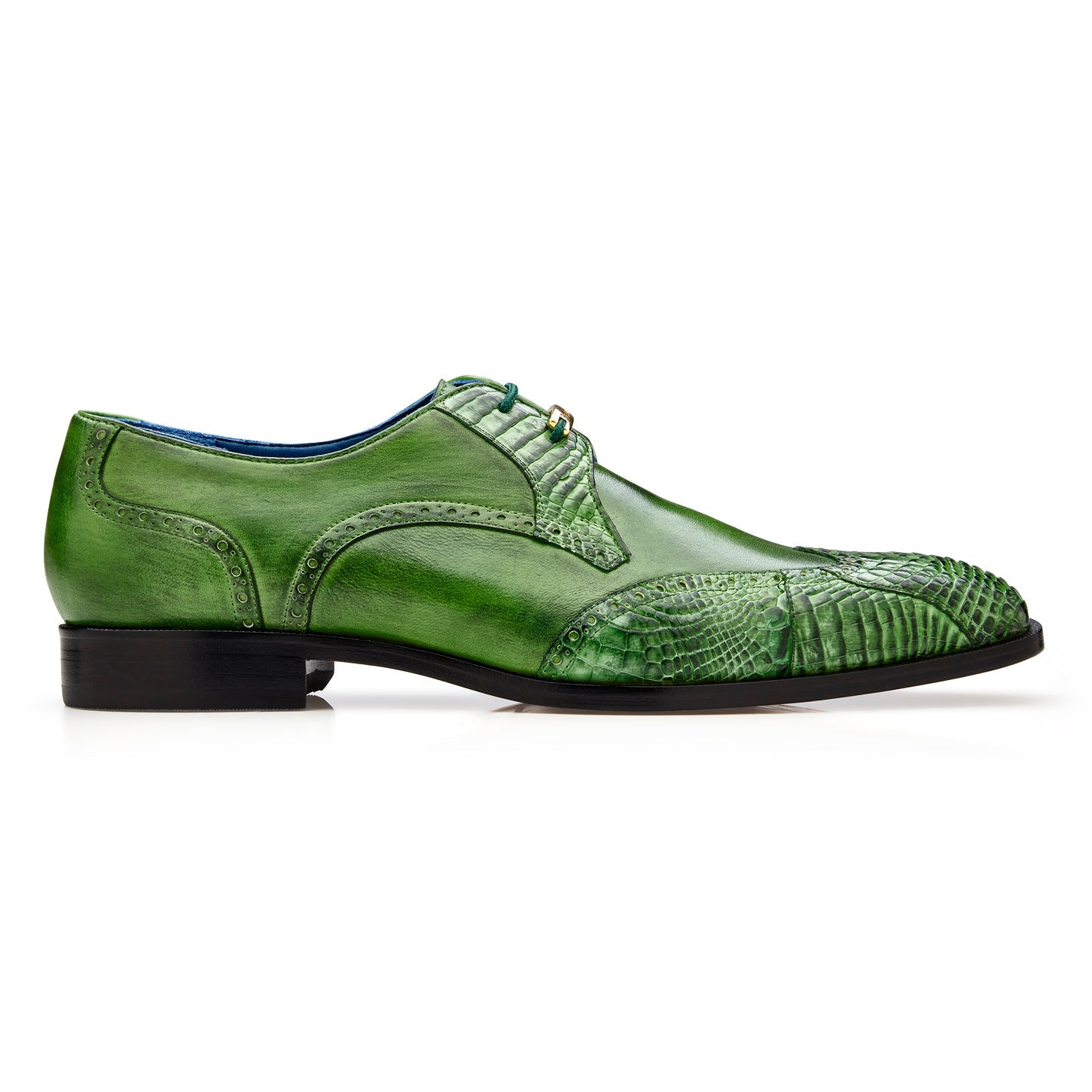 The BELVEDERE Belvedere - Antonio is a genuine American alligator dress shoe in Antique Emerald, featuring textured and smooth panels, decorative stitching, blue lining, and a black leather sole.