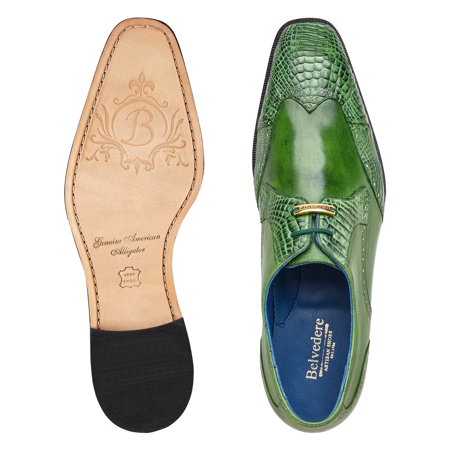 The BELVEDERE Belvedere - Antonio is a genuine American alligator dress shoe in Antique Emerald, featuring textured and smooth panels, decorative stitching, blue lining, and a black leather sole.