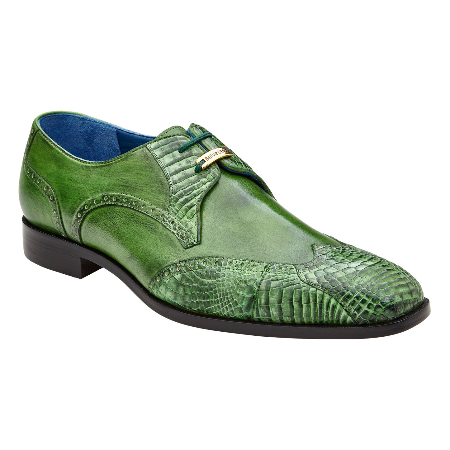 The BELVEDERE Belvedere - Antonio is a genuine American alligator dress shoe in Antique Emerald, featuring textured and smooth panels, decorative stitching, blue lining, and a black leather sole.