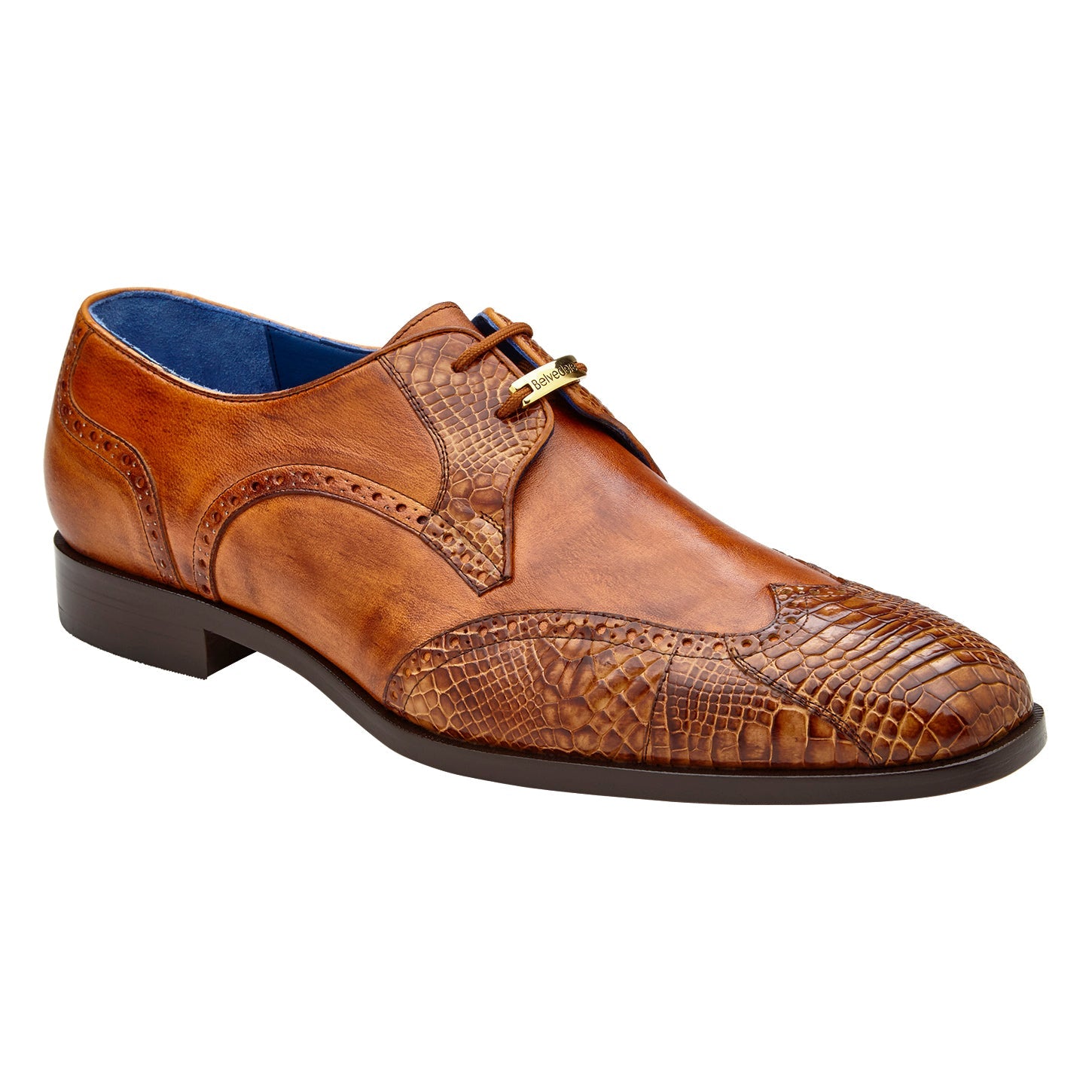 The BELVEDERE Belvedere - Antonio Genuine American Alligator Dress Shoe in Ant. Peanut (R98) is shown in side profile, featuring textured alligator leather, a leather sole, and a low black heel on a white background.