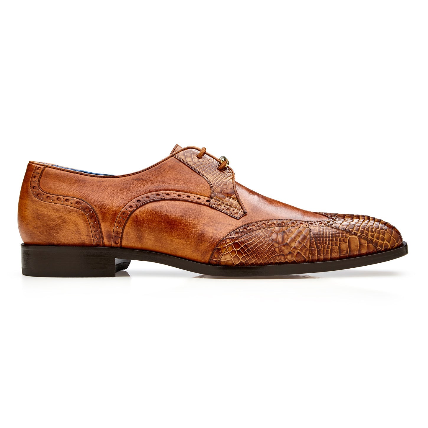 The BELVEDERE Belvedere - Antonio Genuine American Alligator Dress Shoe in Ant. Peanut (R98) is shown in side profile, featuring textured alligator leather, a leather sole, and a low black heel on a white background.