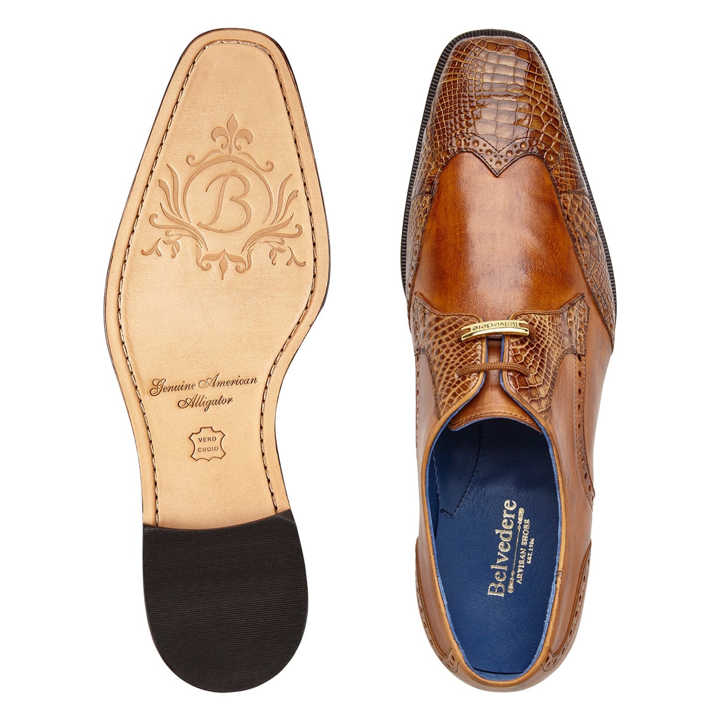 The BELVEDERE Belvedere - Antonio Genuine American Alligator Dress Shoe in Ant. Peanut (R98) is shown in side profile, featuring textured alligator leather, a leather sole, and a low black heel on a white background.