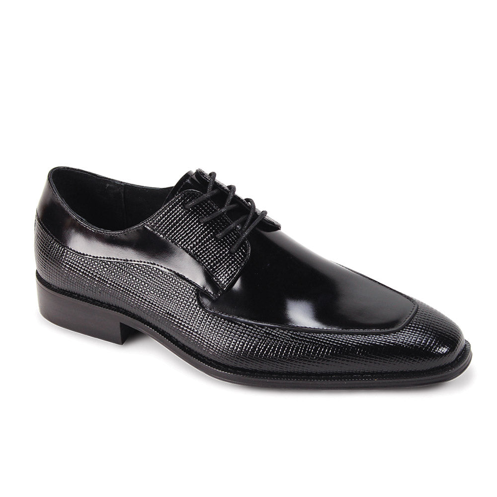 The GIOVANNI Giovanni Asher Black Leather Shoes feature embossed leather with a textured pattern, lace-up closure, and a low heel.
