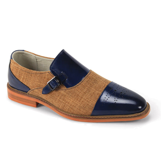 The Giovanni Avon Cobalt/Tan Leather Shoes by GIOVANNI feature blue leather accents, a tan fabric body, decorative buckle, and a brown sole.
