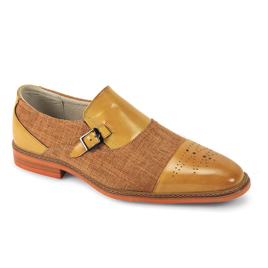 The Giovanni Avon Scotch/Tan Leather Shoes by GIOVANNI are men's cap toe shoes featuring a buckle strap, perforated toe cap, and a mix of genuine leather and fabric materials in brown and tan.