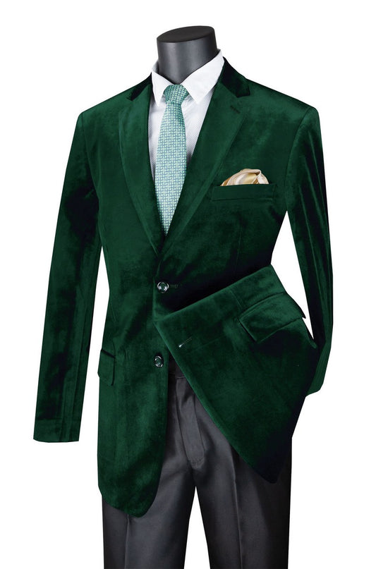 Vinci Suits Velvet Regular Fit Fashion Jacket (Emerald) B-27 paired with a patterned light green tie, white shirt, gold pocket square, and black dress pants on a mannequin.