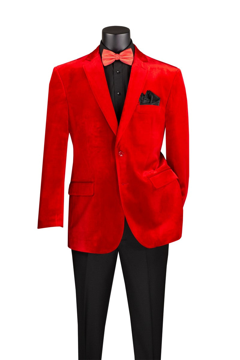 Mannequin dressed in Vinci Suits' Velvet Regular Fit Fashion Jacket B-27 (Red) with a notch lapel, matching bow tie, black dress shirt, regular fit black pants, and a sleek black pocket square. Available in sizes S to 5XL at final sale in-store only.
