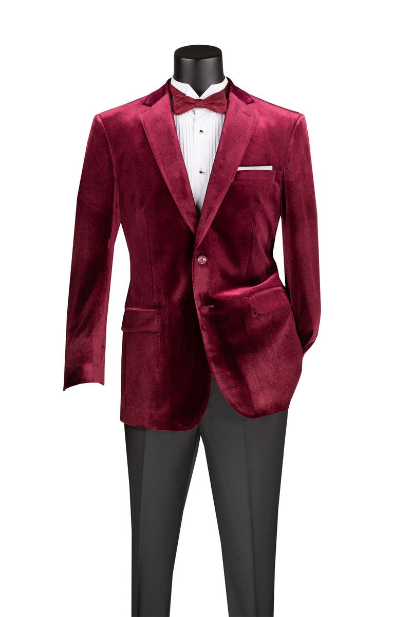Vinci Suits Velvet Regular Fit Fashion Jacket Wine B-27, a single-breasted burgundy velvet blazer worn over a white tuxedo shirt with a matching bow tie and black trousers.