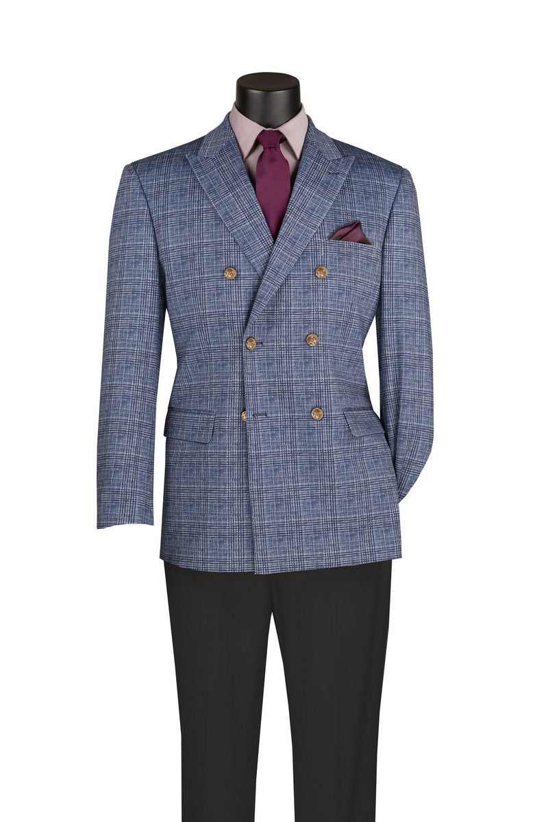 The Regular Fit Blue Windowpane Stretch Blazer B-DW1 by Vinci Suits features peak lapels and gold buttons, styled with a burgundy tie, pocket square, and black trousers on a mannequin.