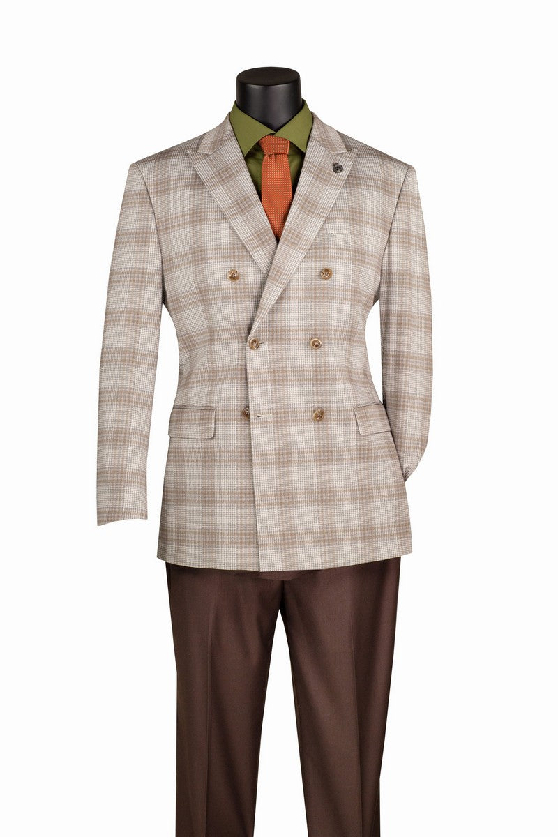 A mannequin in the Regular Fit Tan Windowpane Stretch Blazer B-DW1 by Vinci Suits, with an olive shirt, orange tie, and brown trousers, against a white background.