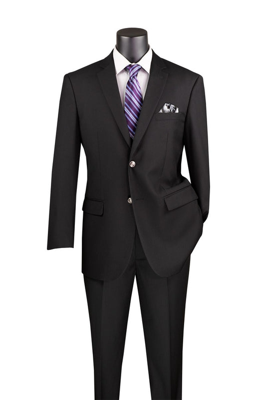 A Regular Fit 2 Button Blazer in black by Vinci Suits, styled with a crisp white dress shirt, purple striped tie, and pocket square is elegantly displayed on a mannequin.