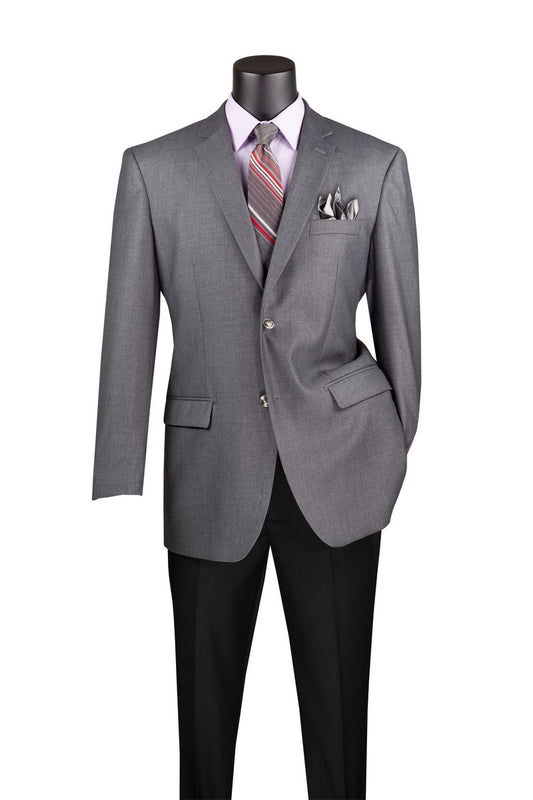 The display features a Vinci Suits Regular Fit 2 Button Blazer (Medium Gray) B-TR with a notch lapel, complemented by a multicolored tie, white dress shirt, black pants, and a pocket square in the blazer pocket.