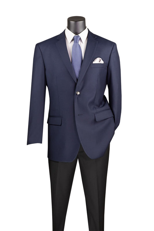 A Vinci Suits Regular Fit 2 Button Blazer (Navy) B-TR on a mannequin showcases a white shirt, blue tie, notch lapel, and crisp white pocket square in the chest pocket.