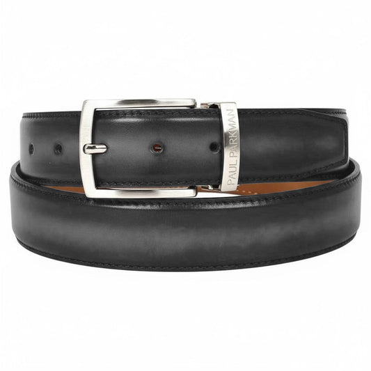 The Paul Parkman Men's Dual Color Patina Leather Belt in gray and black features hand-painted Italian leather with visible stitching and a silver rectangular buckle engraved with "PAUL PARKMAN.