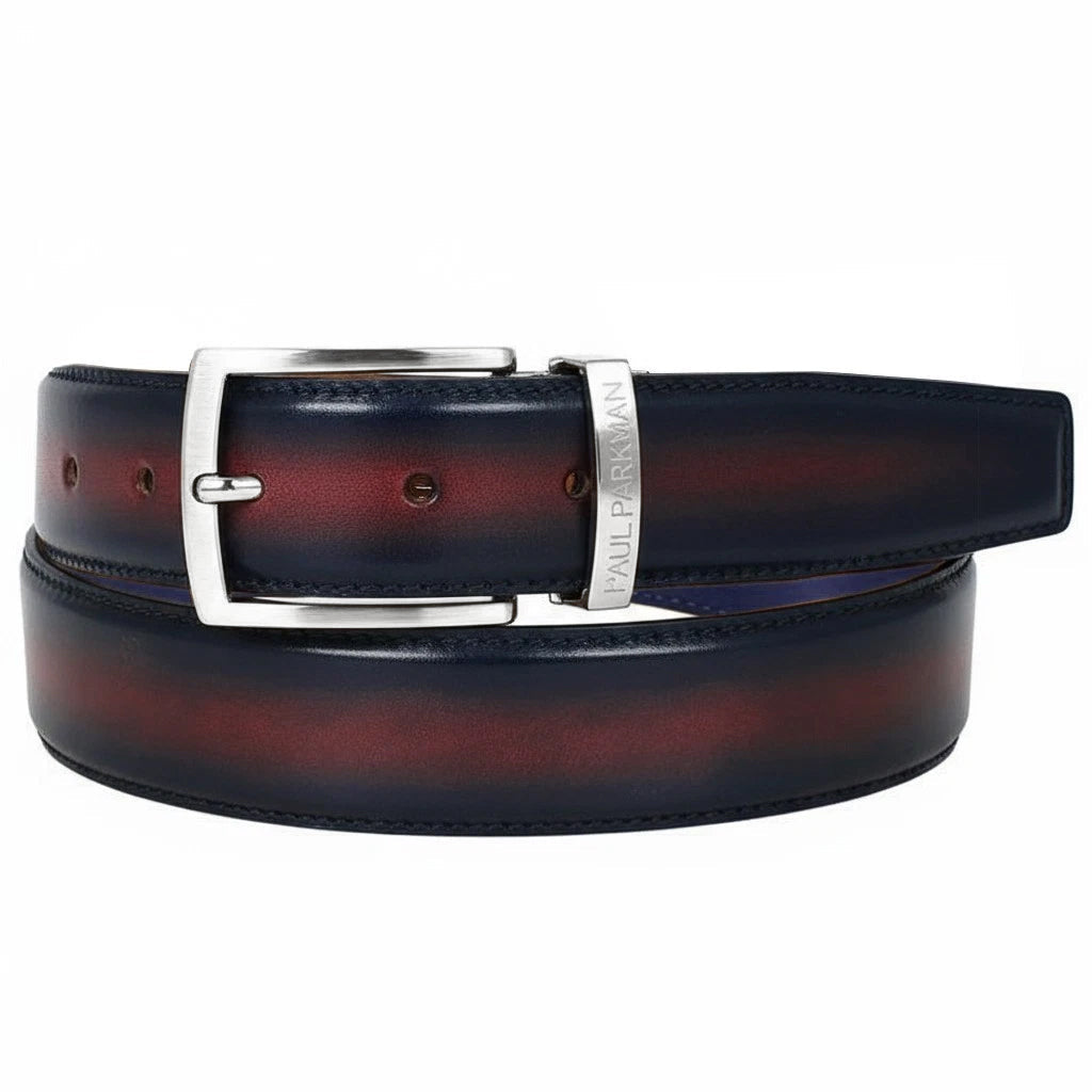 The Paul Parkman Men's Dual Color Patina Hand-Painted Leather Belt (Brown & Navy) features a handmade design, silver buckle engraved with "Paul Parkman," and a unique brown and navy gradient patina.