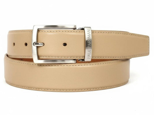 The Paul Parkman Men's Handmade Leather Belt Hand-Painted Beige B01-A features beige hand-painted leather, a silver buckle, and a metal accent engraved with "Paul Parkman.