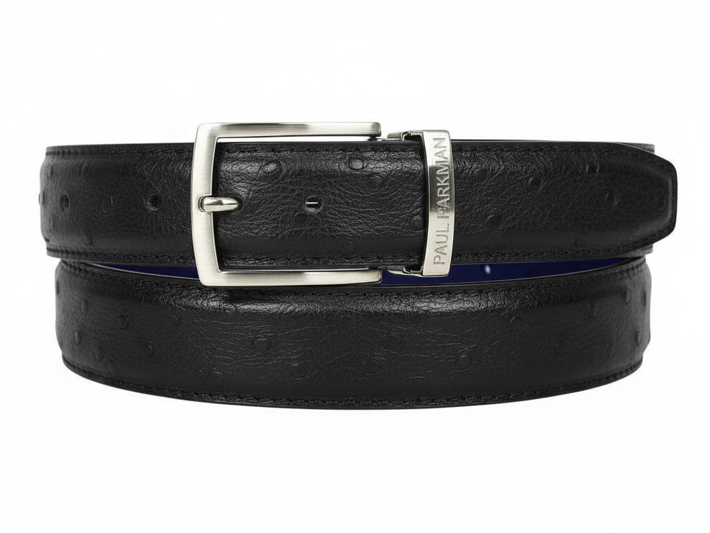 Paul Parkman Men's Handmade Black Genuine Ostrich Skin Belt B04 features a silver rectangular buckle and showcases the Paul Parkman brand, offering a touch of exotic luxury.