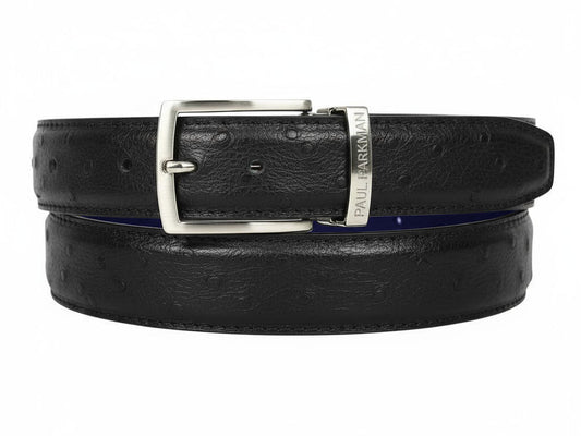 Paul Parkman Men's Handmade Black Genuine Ostrich Skin Belt B04 features a silver rectangular buckle and showcases the Paul Parkman brand, offering a touch of exotic luxury.