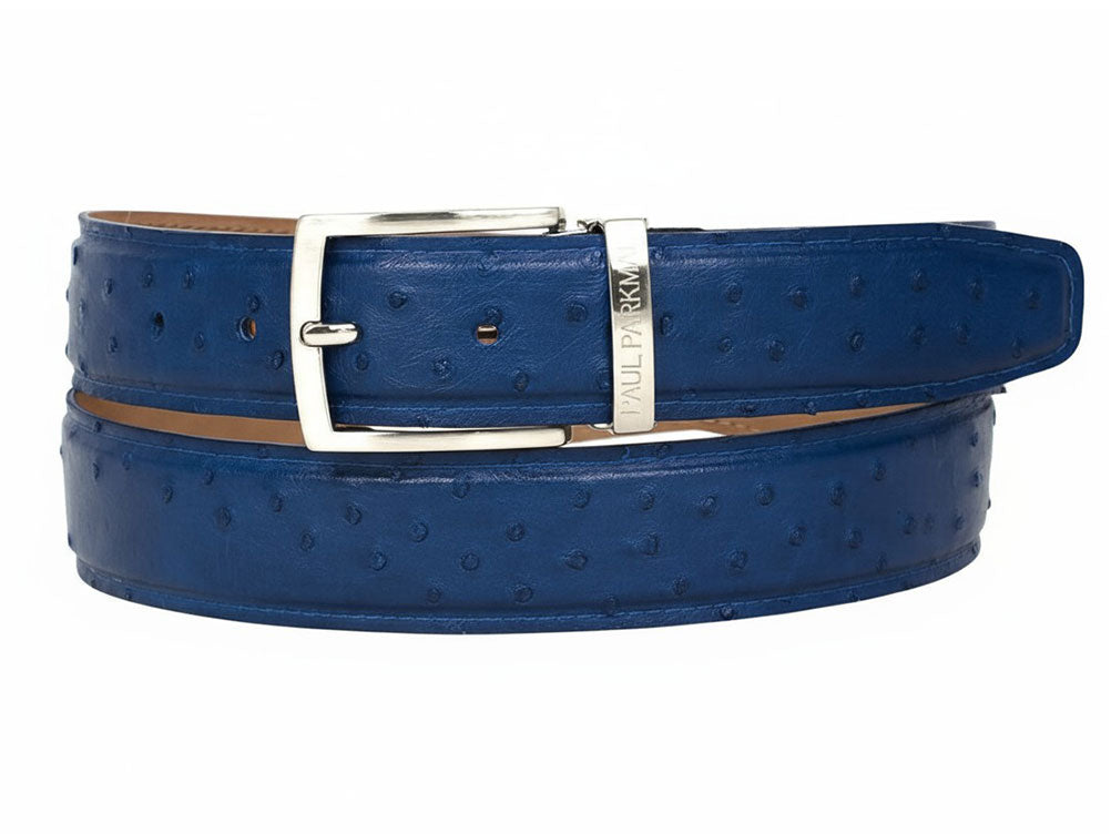 The Paul Parkman Men's Handmade Genuine Ostrich Skin Belt Blue B04 features blue ostrich-pattern leather, a silver buckle, and a branded metal tag.