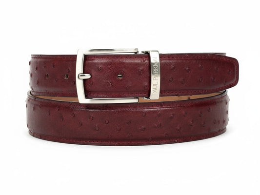 The Paul Parkman Men's Handmade Genuine Ostrich Skin Belt Bordeaux B04 features rich maroon ostrich pattern leather, a silver buckle, and a "PAUL PARKMAN" engraved metal tag—exuding exotic luxury.