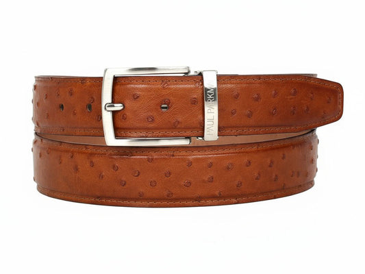 The Paul Parkman Men's Handmade Genuine Ostrich Skin Belt Tobacco B04 features brown leather with a hand-painted patina, ostrich pattern, silver rectangular buckle, and an engraved metal tag—a signature Paul Parkman piece.