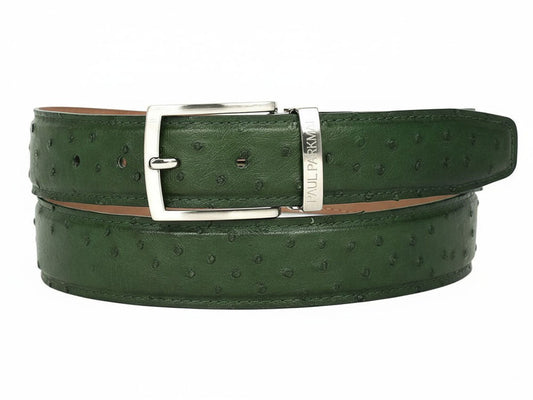The Paul Parkman Men's Handmade Genuine Ostrich Skin Belt Green B04 features premium green ostrich leather and a silver buckle with "PAUL PARKMAN" engraved on the loop.