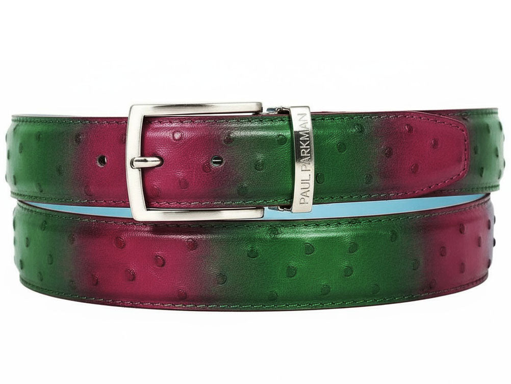 The Paul Parkman Men's Handmade Genuine Ostrich Skin Belt in green and burgundy features a silver buckle and embossed branding—a luxurious, exotic accessory crafted for distinct style.