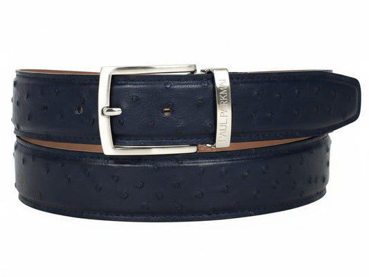 The Paul Parkman Men's Handmade Genuine Ostrich Skin Belt Navy B04 features a navy blue ostrich texture, a silver buckle, and a metal tag engraved with "PAUL PARKMAN.