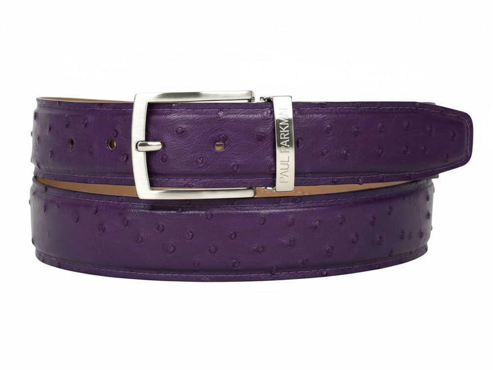 Paul Parkman Men's Handmade Genuine Ostrich Skin Belt Purple B04 exudes exotic luxury with its textured ostrich leather, silver buckle, and "PAUL PARKMAN" metal tag—an elegant, artisanal accessory from the distinguished Paul Parkman brand.