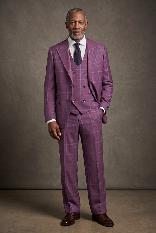 A man wears a Tiglio Luxe Boysenberry with Blue Windowpane Prosecco, Modern Fit Pure Wool Suit & Vest TL6334, featuring a purple suit with a blue windowpane pattern, a double-breasted vest, and a tie.