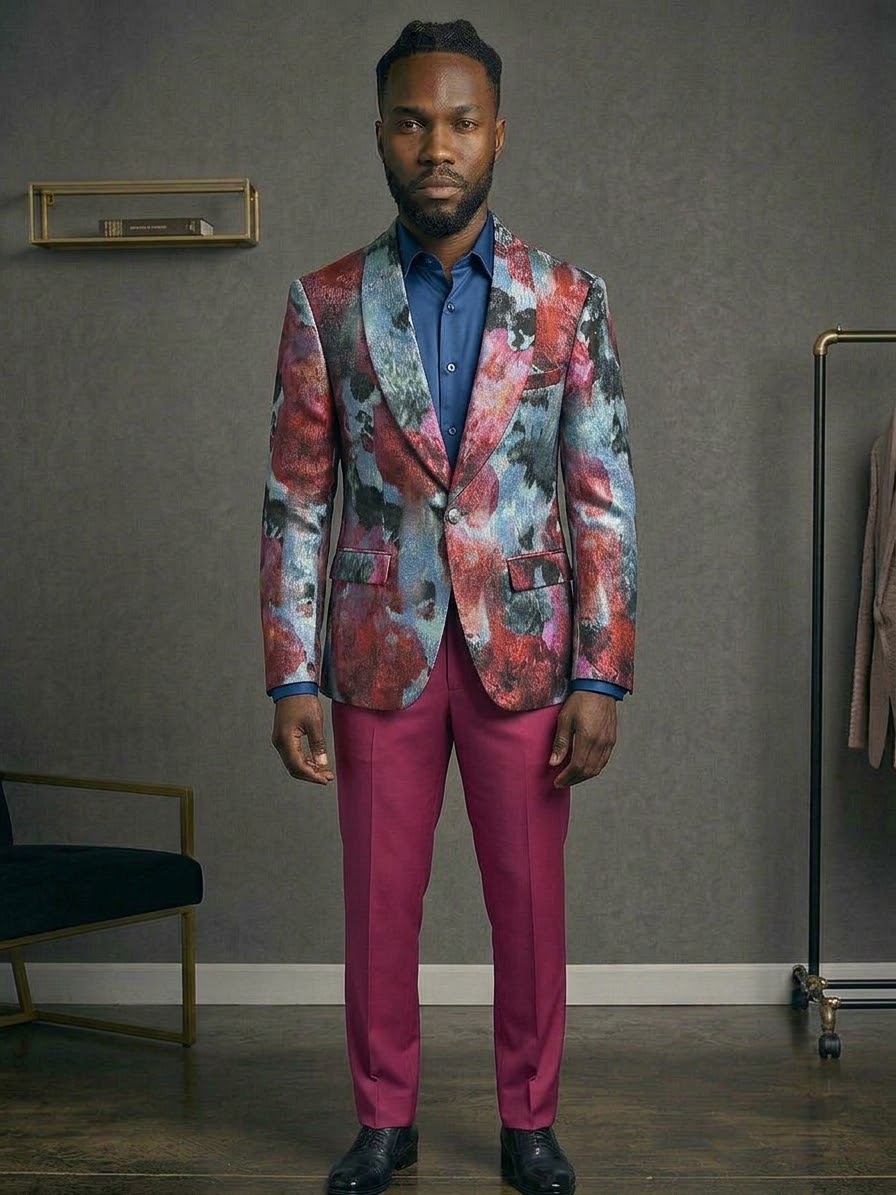 Man indoors in EJ SAMUEL Jacket 18 Size 36S and 36R—colorful floral blazer, blue shirt, magenta pants, black shoes. Final sale: no returns/exchanges. Neutral pose, gray background.