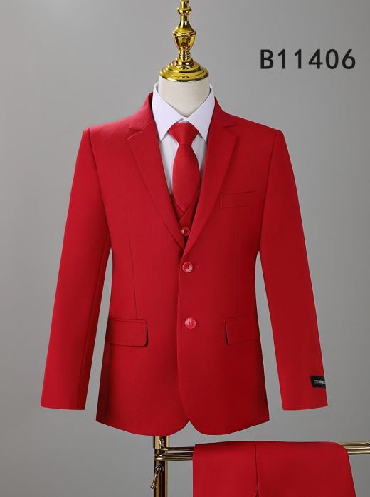 The BOY SUIT 5-PC SET B11406 by Unique Design Menswear features a red jacket with notch lapels, vest, pants, shirt, and matching tie, shown on a mannequin; label "B11406" is visible in the top right.