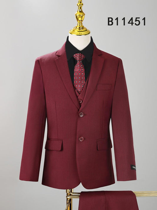 The Unique Design Menswear BOY SUIT 5-PC SET B11451, featuring a burgundy suit, black shirt, and patterned tie for boys' formal wear, is displayed on a mannequin with code B11451 in the top right corner.