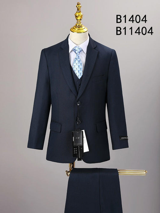 A dark navy BOY SUIT 5-PC SET B1404 by Unique Design Menswear is shown on a mannequin, featuring a patterned blue tie and white shirt, with matching trousers below. "B1404" appears on the right to highlight this premium formal set.