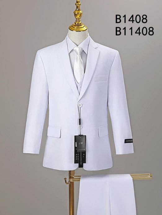 A Unique Design Menswear BOY SUIT 5-PC SET B1408 (IN STORE), featuring a white notched lapel jacket, is displayed on a mannequin with tags. Matching trousers are draped nearby, ideal for boys’ formal wear.