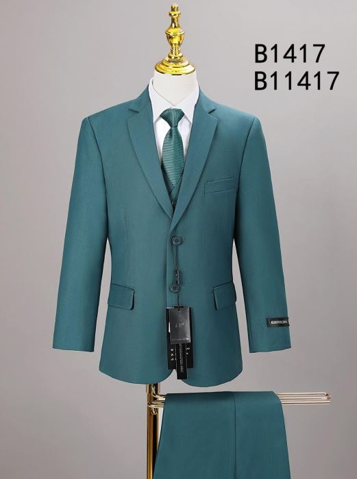 A teal BOY SUIT 5-PC SET B1417 by Unique Design Menswear, shown on a mannequin with jacket, vest, pants, and matching tie. Extra pants are displayed below. Product codes B1417 and B11417 are visible—a stylish formal boys’ outfit.